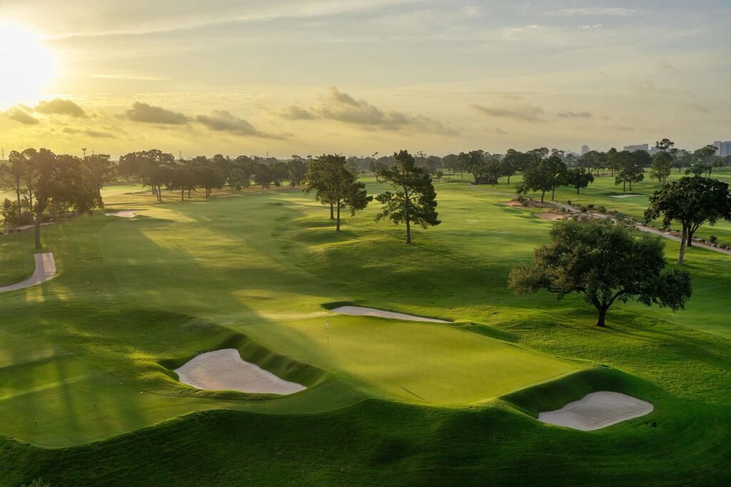 Brook Hollow Golf Club aerial green and bunkers - Dallas, Texas