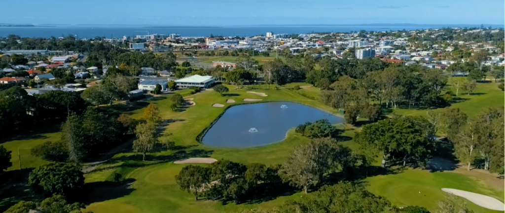 Aerial view of Wynnum Golf Club with Moreton Bay beyond in Queensland