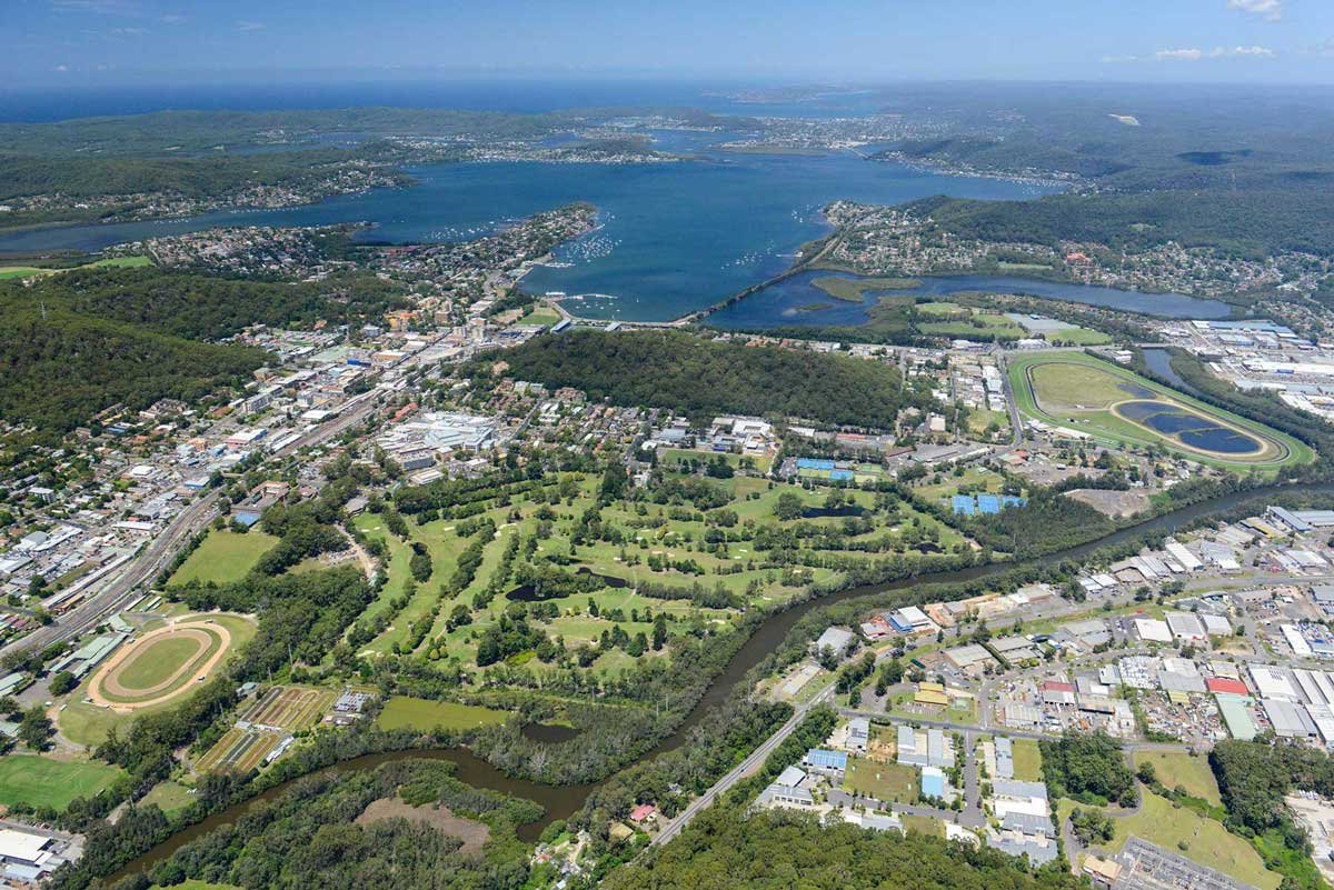 Aerial view of Gosford Golf Club and Brisbane Water on the Central Coast