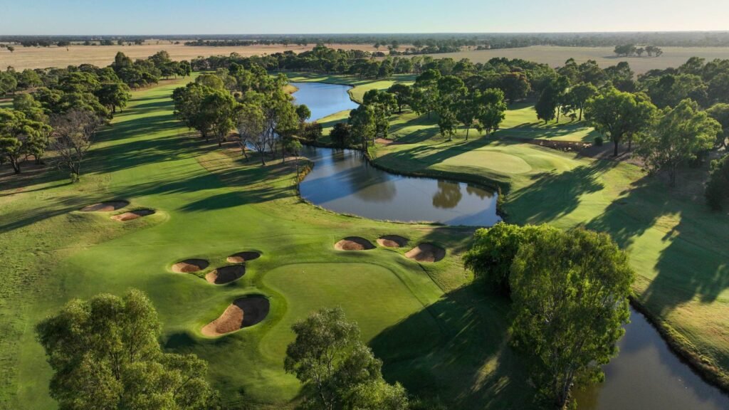 Rich River Golf Club aerial view with water and greens - Moama, NSW