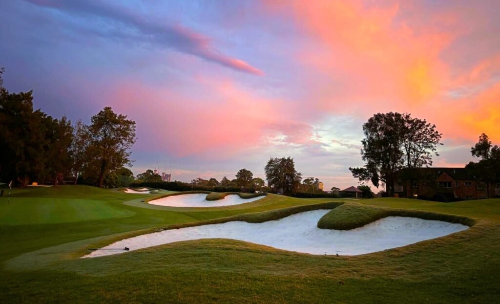 North Ryde Golf Club bunkers and fourteenth green at sunset