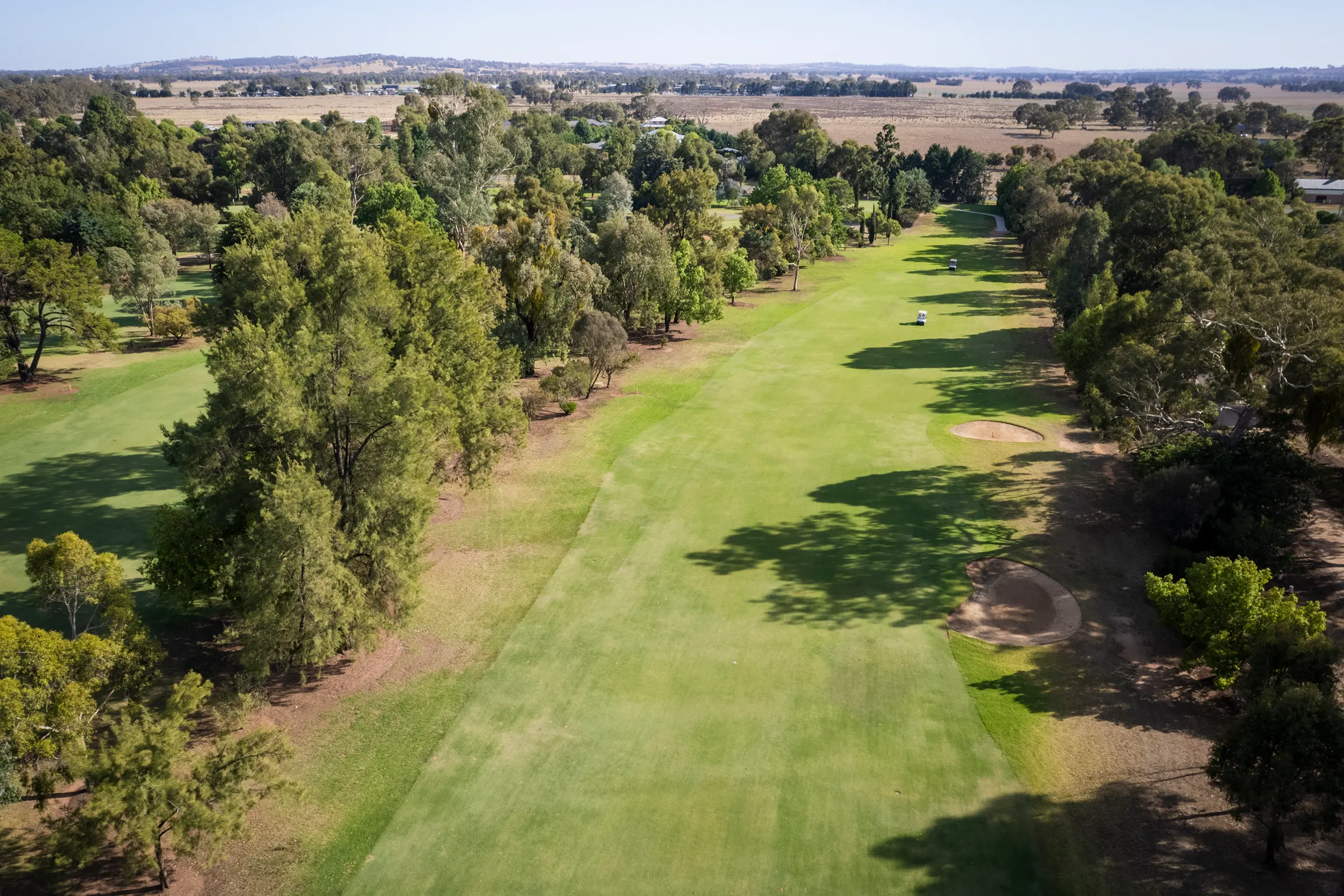 Aerial view of a tree-lined fairway at Howlong Golf Resort in NSW