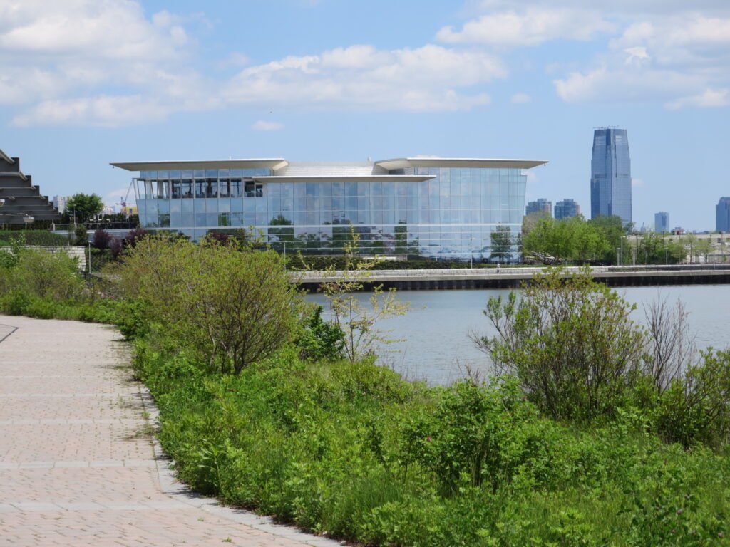 Liberty National Golf Club clubhouse seen across the marina — Jersey City, New Jersey