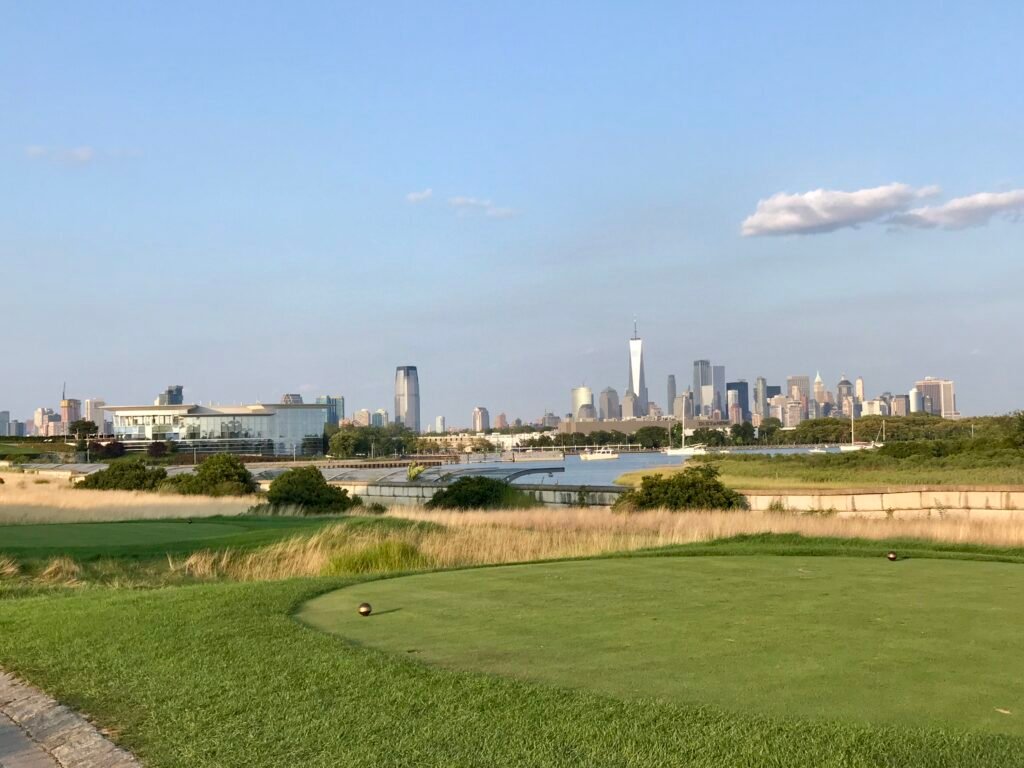 Liberty National Golf Club hole overlooking the Manhattan skyline — Jersey City, New Jersey
