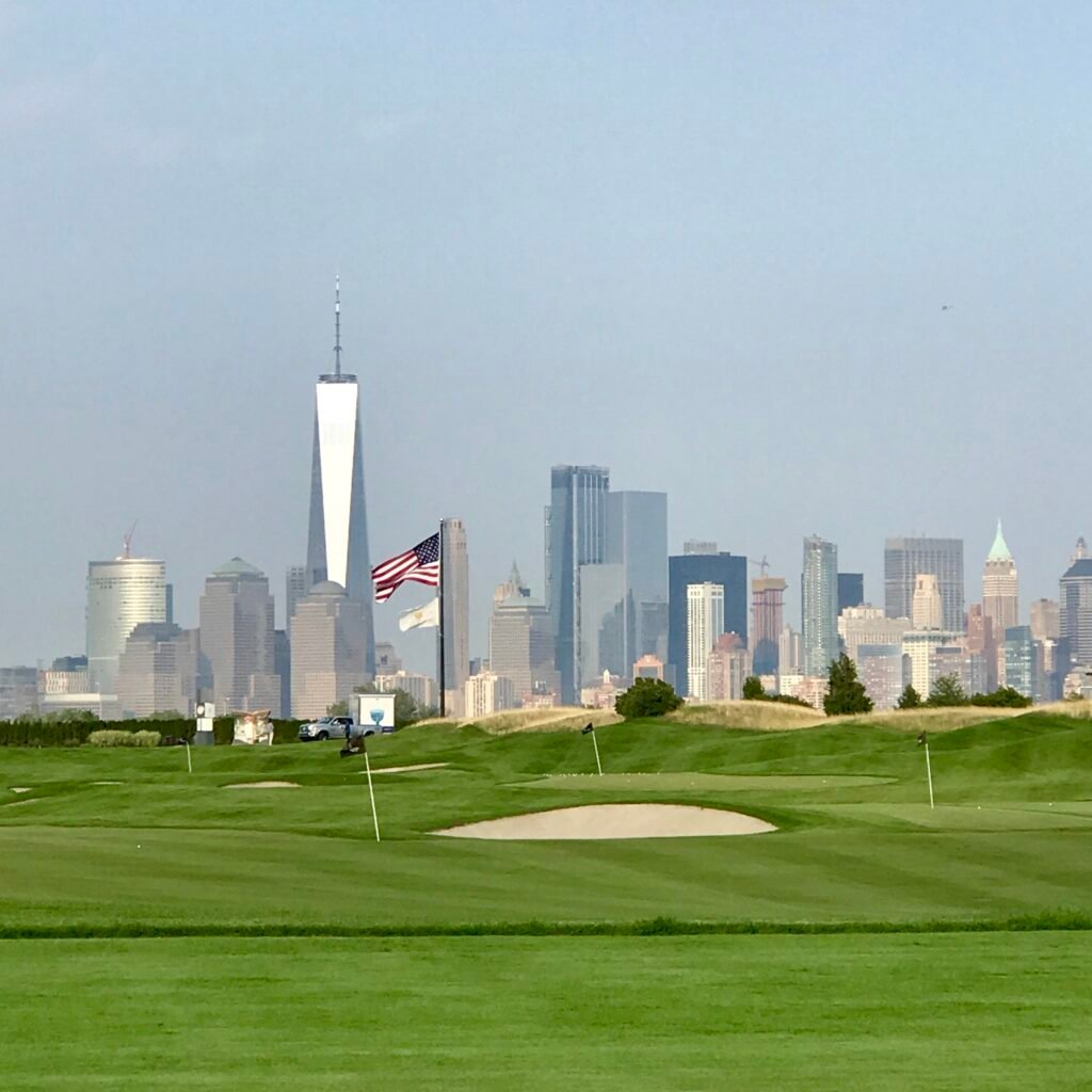 Liberty National Golf Club practice green with Manhattan skyline — Jersey City, New Jersey