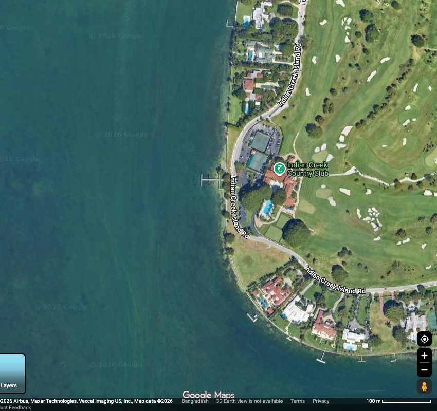 Indian Creek Country Club clubhouse, pool and golf course satellite view - Indian Creek Village, Florida