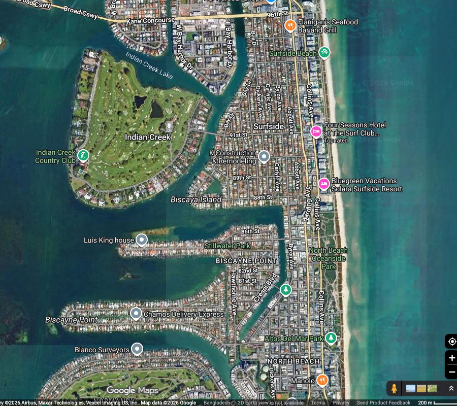 Indian Creek Country Club private island and golf course satellite overview - Indian Creek Village, Florida