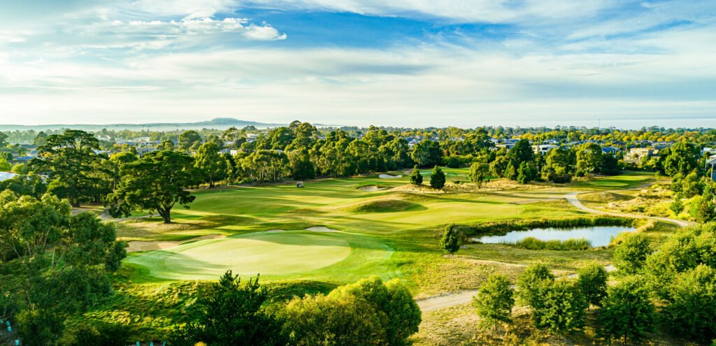Ballarat Golf Club course aerial view with green, bunkers and lake - Alfredton, Victoria