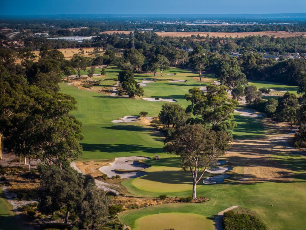 Commonwealth Golf Club aerial view of bunkers and green complex — Oakleigh South, Victoria