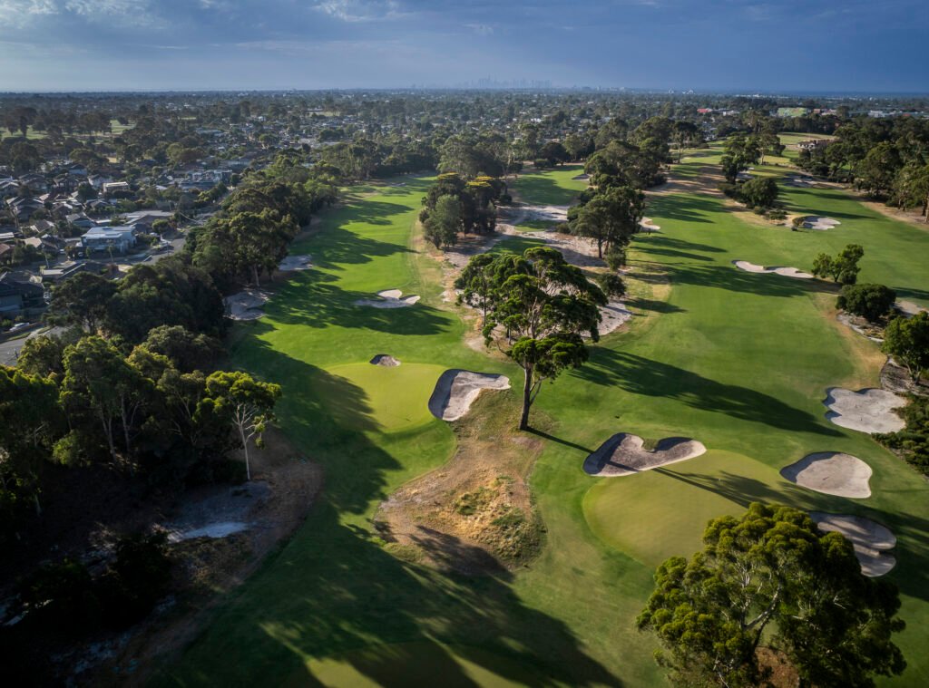Commonwealth Golf Club aerial view of fairway and bunkers — Oakleigh South, Victoria