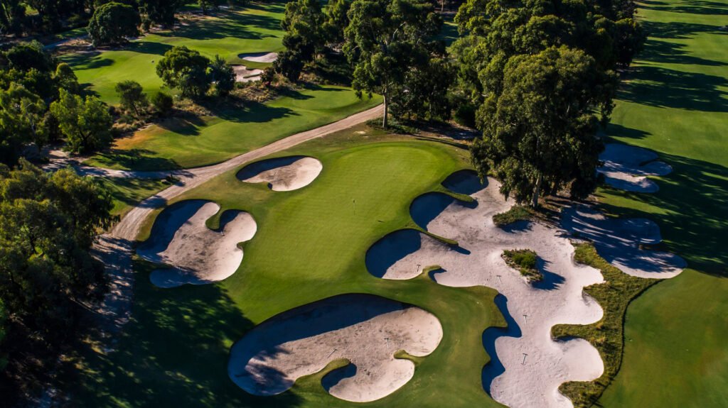 Huntingdale Golf Club aerial view of the 8th green complex — Oakleigh South, Melbourne