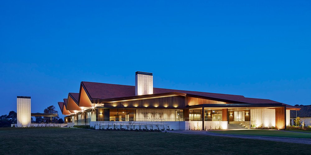 Huntingdale Golf Club clubhouse exterior at dusk — Oakleigh South, Melbourne