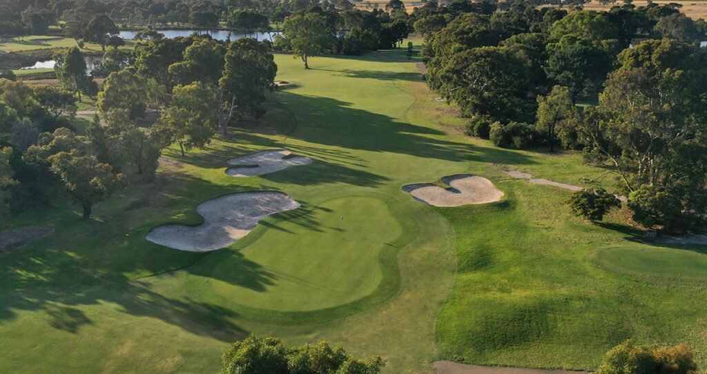 Keysborough Golf Club 13th green and fairway aerial view — Keysborough, Victoria