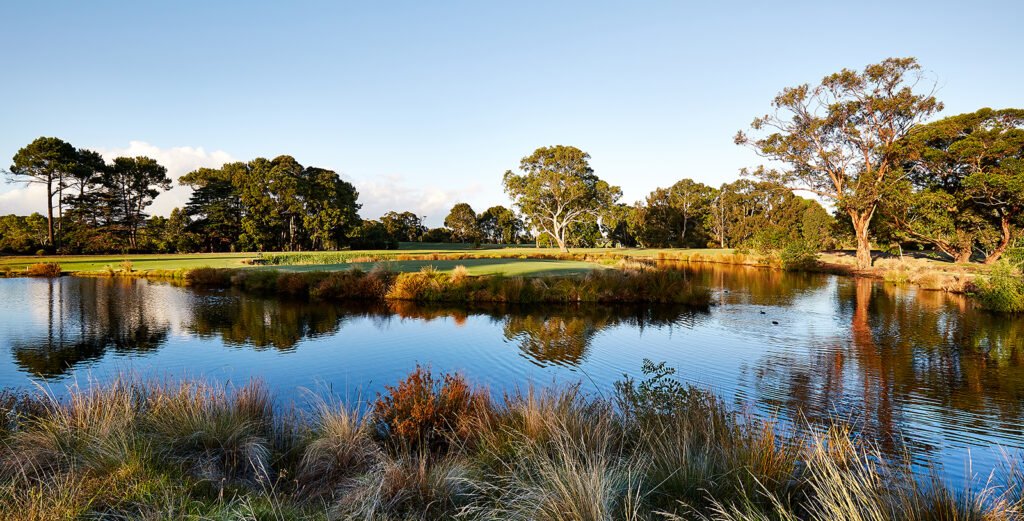 Keysborough Golf Club lake and fairway at sunset — Keysborough, Victoria